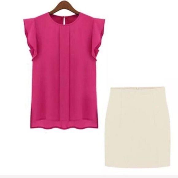 Pink Chiffon Flutter Sleeve Blouse M-XL - Picture 3 of 8